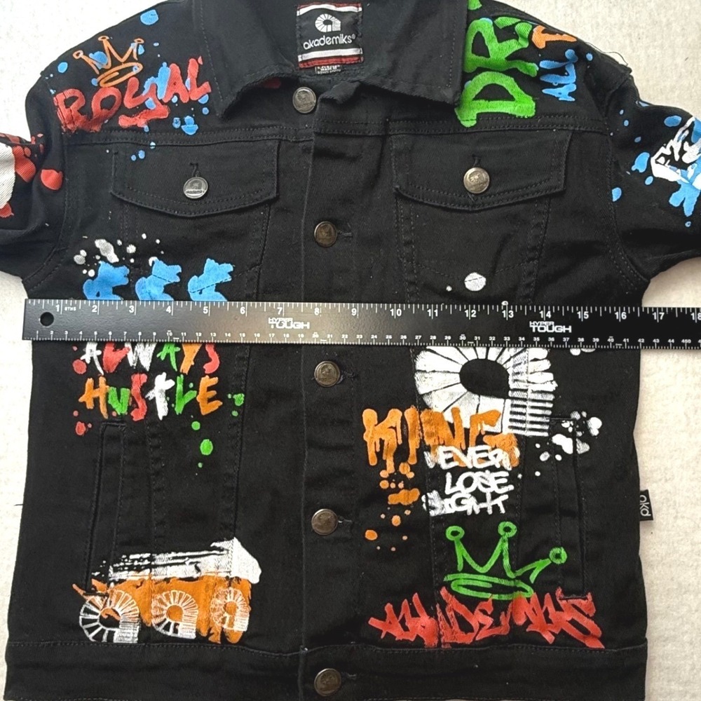 Akademiks Jean Jacket Black Y2K Graffiti Denim Jacket Street Size L 14/16 - Picture 3 of 14